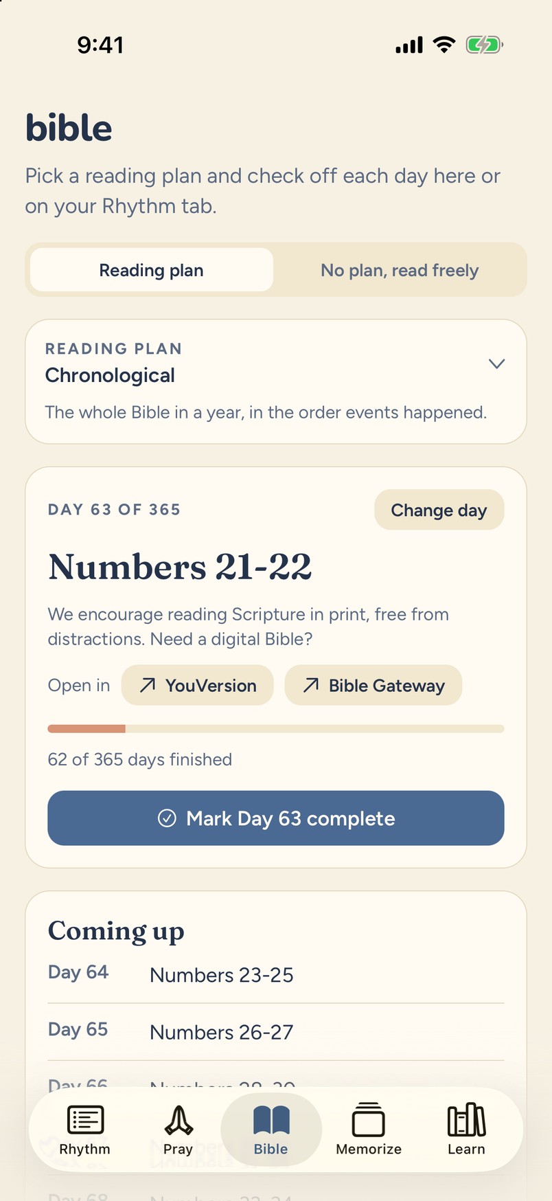 Bible tab with a reading plan dropdown and today's reading, Numbers 21-22