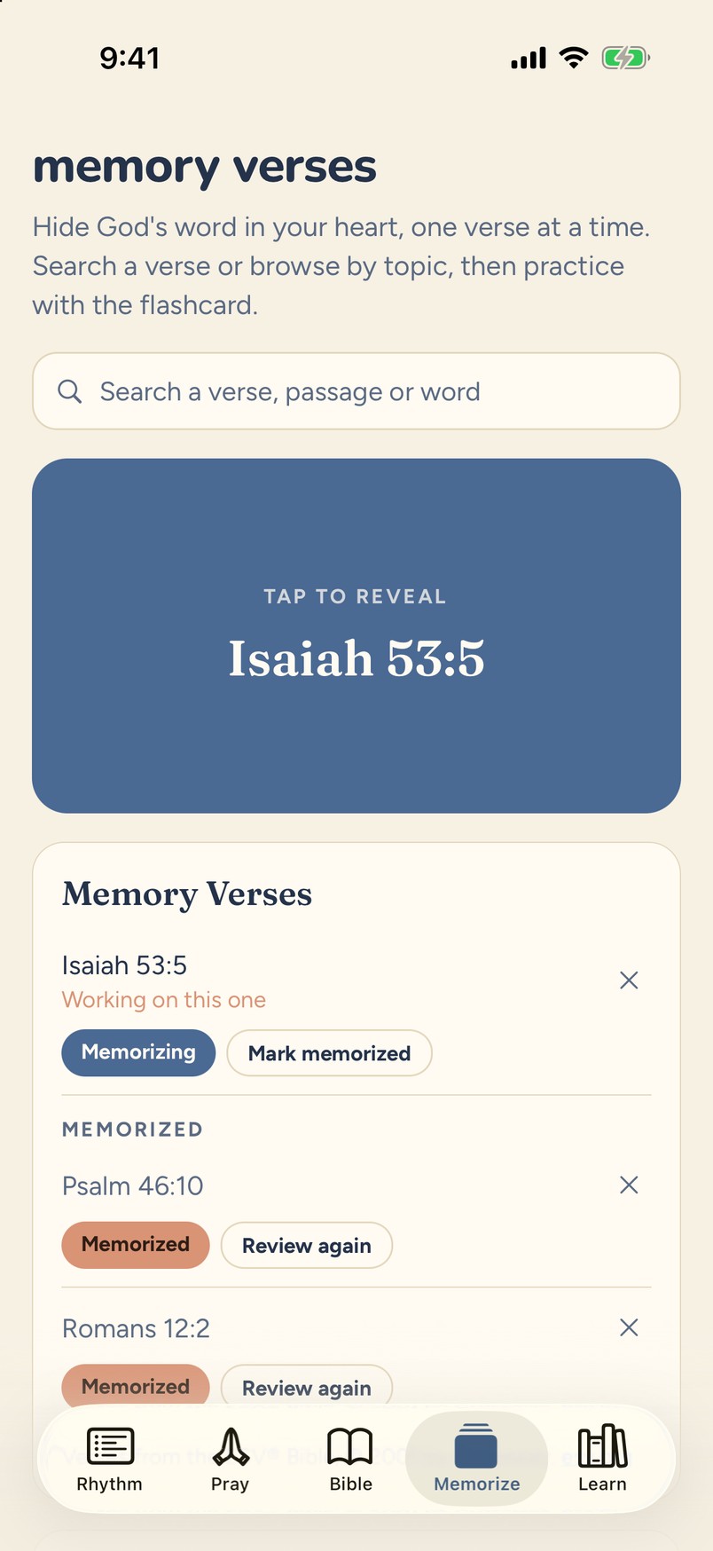 Memorize tab with a flashcard for Isaiah 53:5