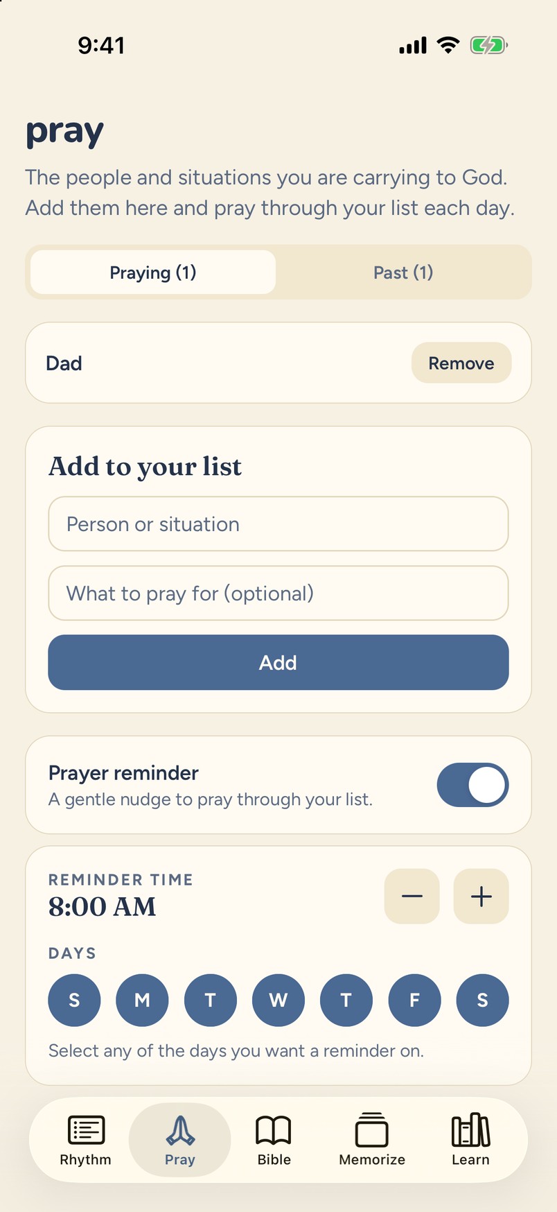 Pray tab with a prayer list and a prayer reminder