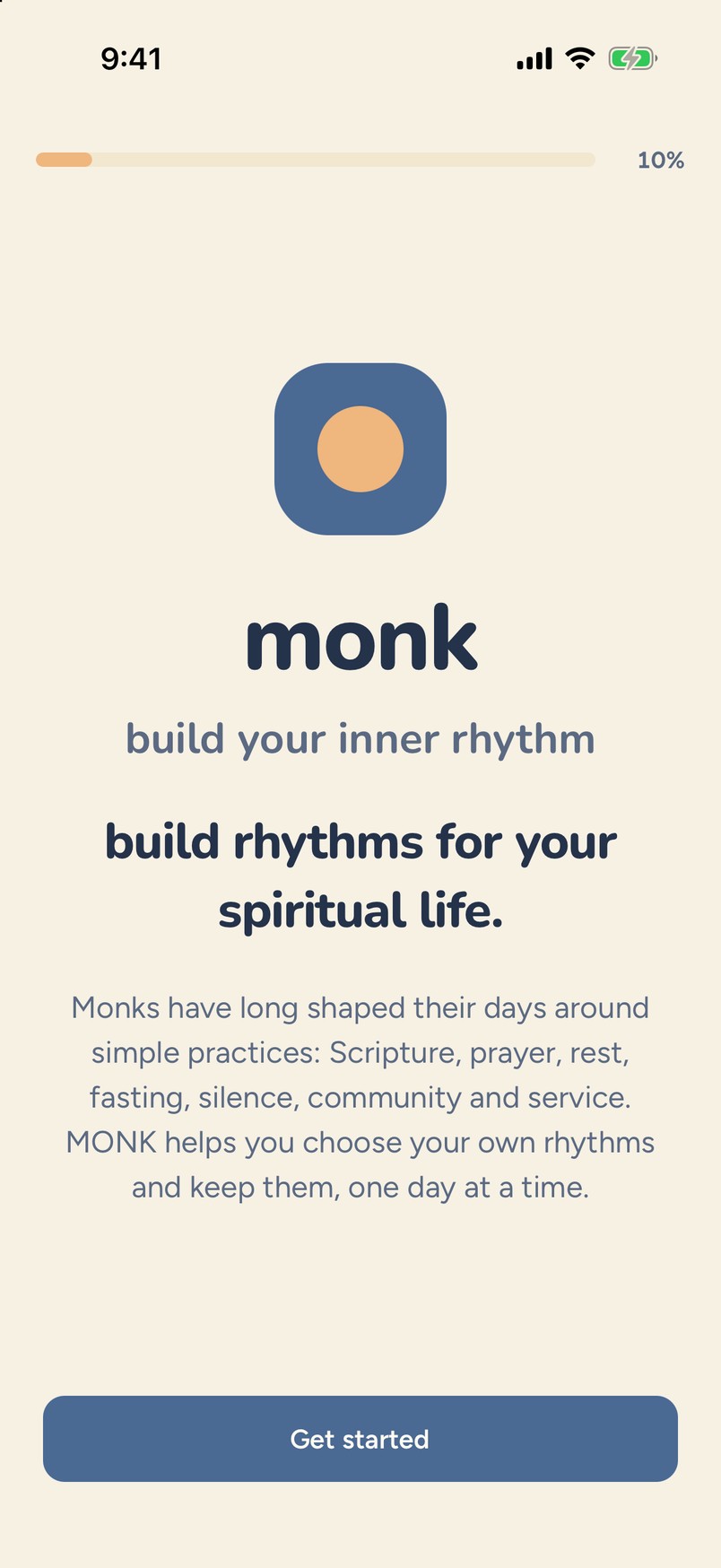 MONK welcome screen: monk, build your inner rhythm. Build rhythms for your spiritual life.